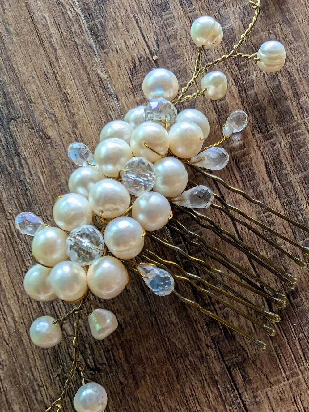 Pearl and Crystal Bridal Hair Comb - Gold Tone